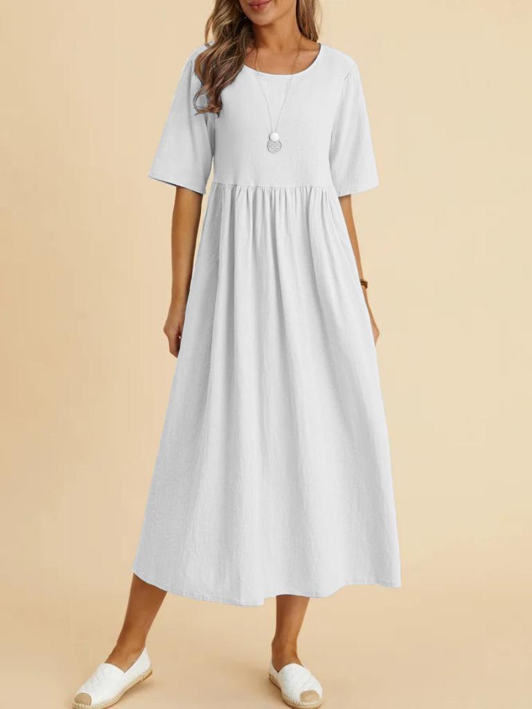 Plus Size Loose Cotton Linen Dress, Round Neck  Sleeve Midi Dress With Pockets
