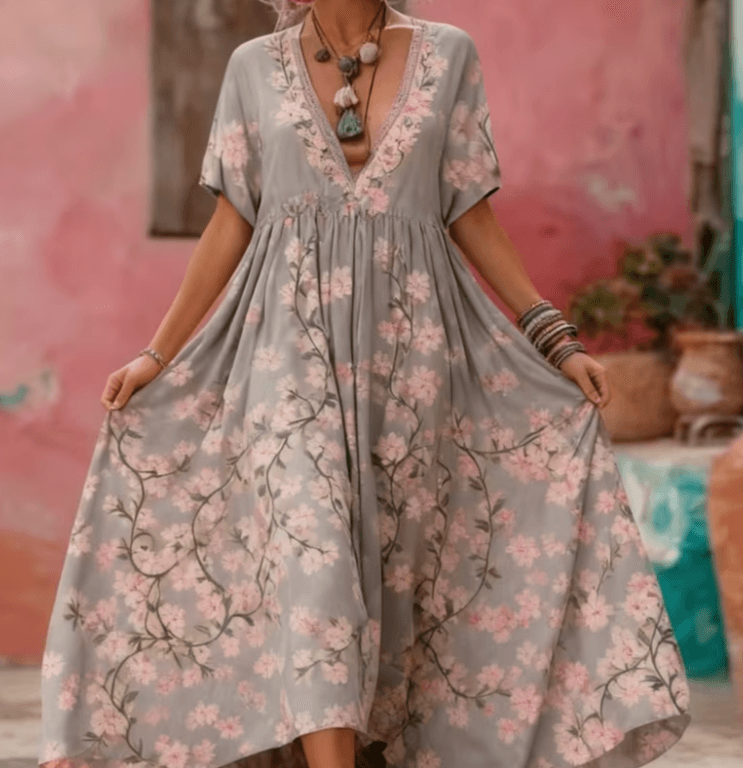 Women's Printed Elegant V-Neck Long Dress