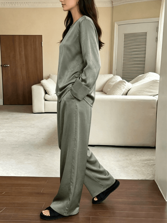 Grey Green Dark Patterned Round Neck Long Sleeved Satin Home Two-piece Set
