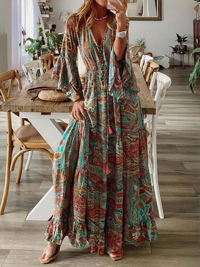Women's Boho Paisley Print V-Neck Flare Sleeve Ruffle Hem Maxi Dress, Casual Loose Tie Waist Long Dress For Vacation & Beach