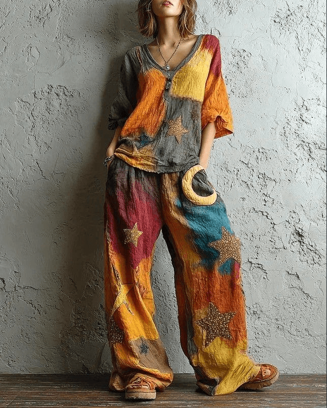 Bohemian-style Loose Top With Star And Moon Print - Wide-leg Pants Two-piece Set
