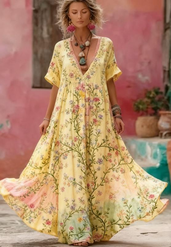 Women's Floral Embroidery Patchwork Art V-Neck Long Dress