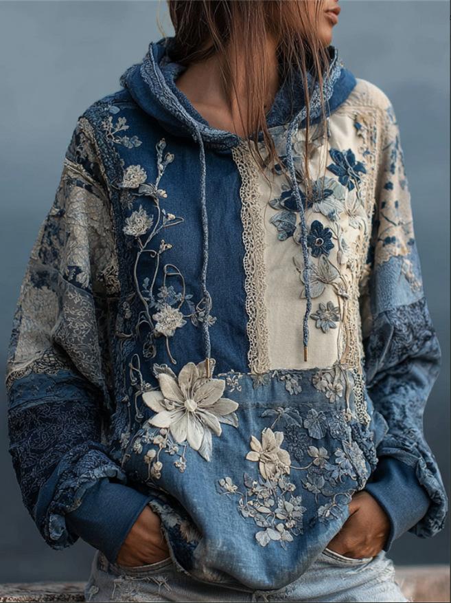 Plus-size Womens Printed Loose-fitting Hooded Sweatshirt