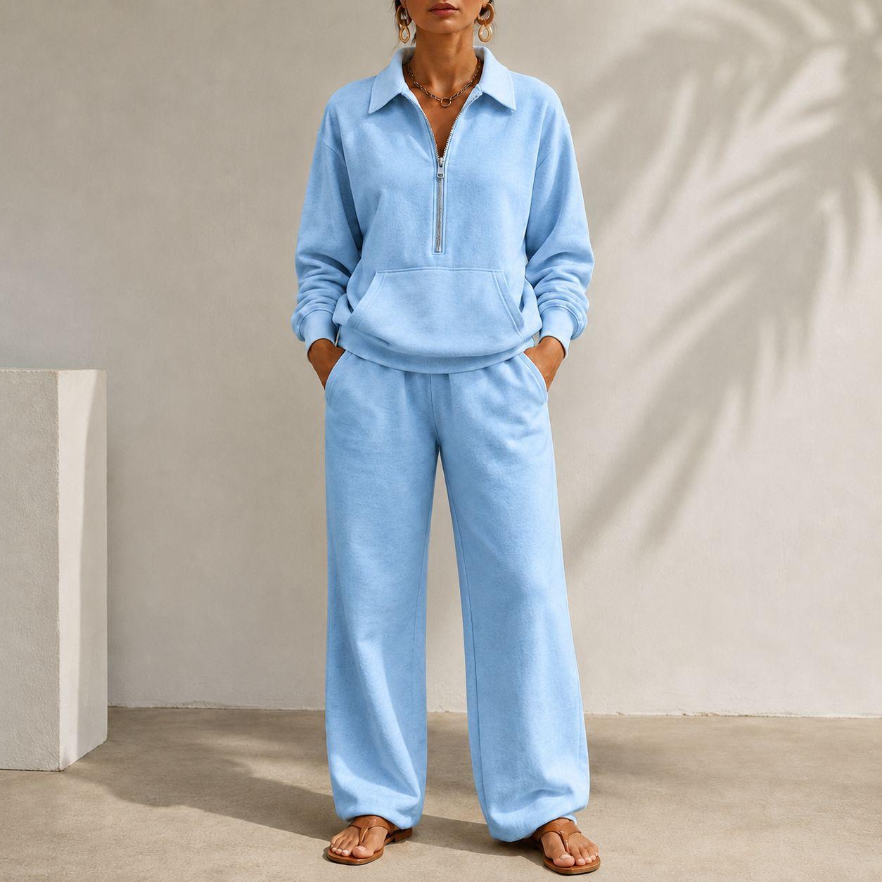V-neck Patch-pocket Sweatshirt And Casual Wide-leg Trousers A Relaxed-fit Set