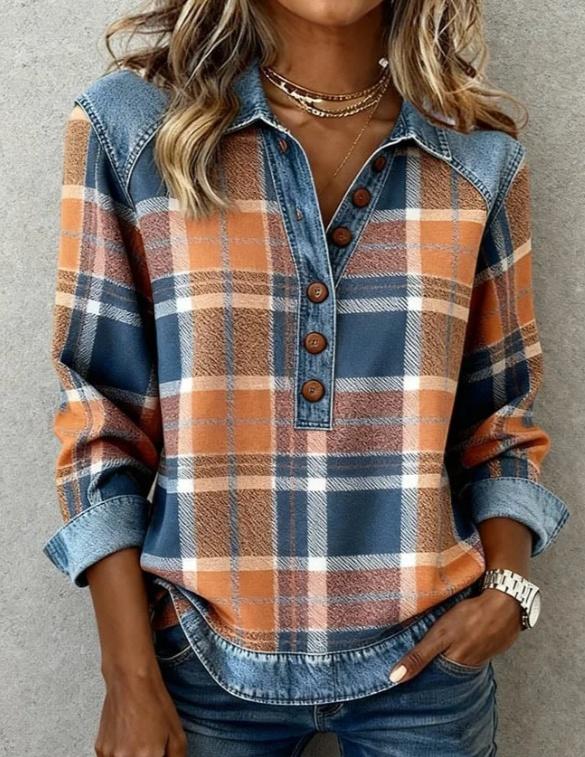 Denim Patchwork Collar Button-down Casual Long-sleeved Top