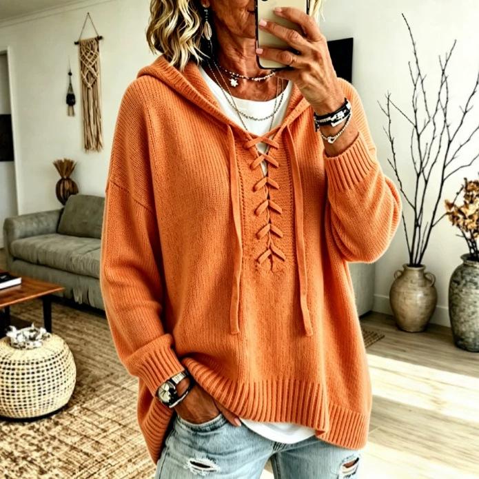 Strap-crossed V-neck Hooded Knit Sweater