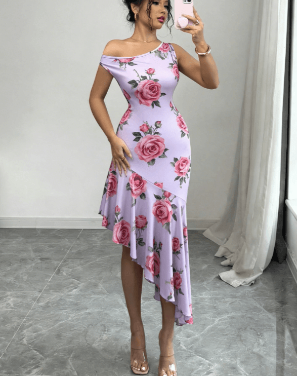 French-style Elegant Floral Print Off-shoulder Asymmetrical Fishtail Dress For Women