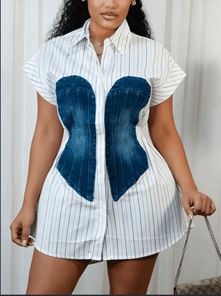 Striped Shirt Dress With Denim Corset Patchwork