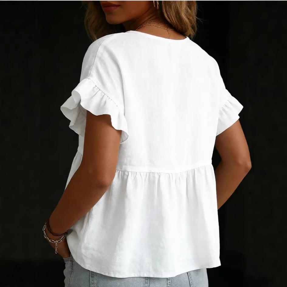 Solid-color Crewneck Short-sleeve Ruched Casual Shirt