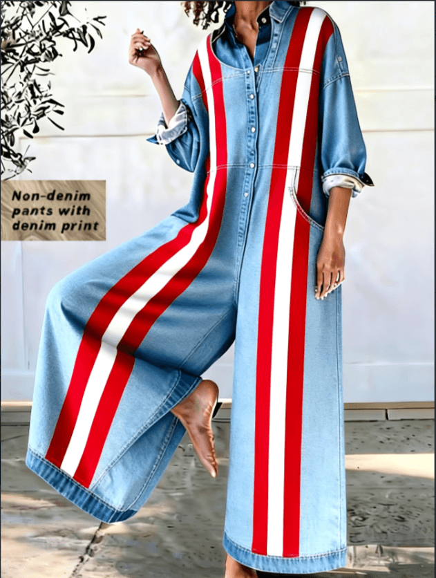 Loose-fitting Long-sleeved Casual Jumpsuit With Patchwork Design