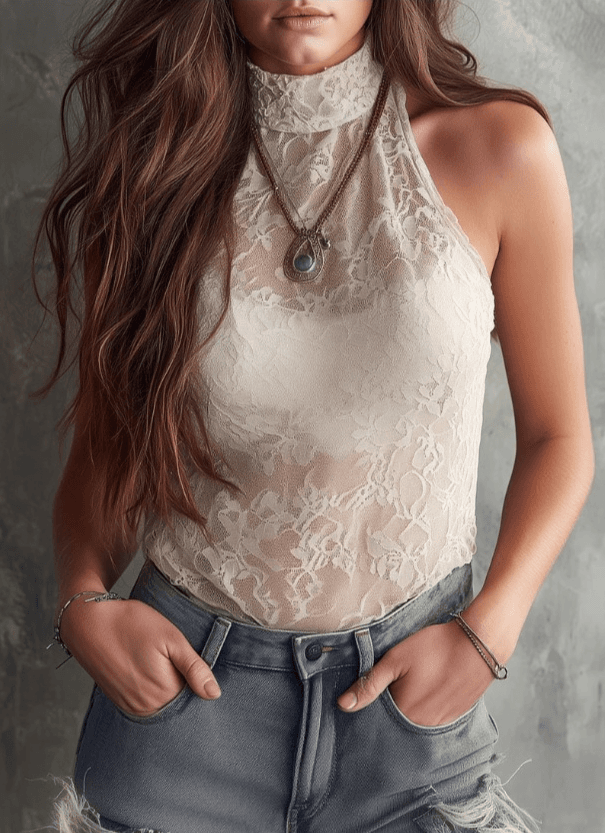 Mock Neck Halter Sheer Lace Fitted Crop Tank Top