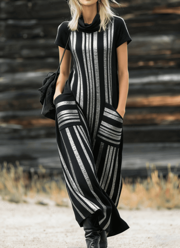 High-neck Short-sleeve Wide-leg Dress