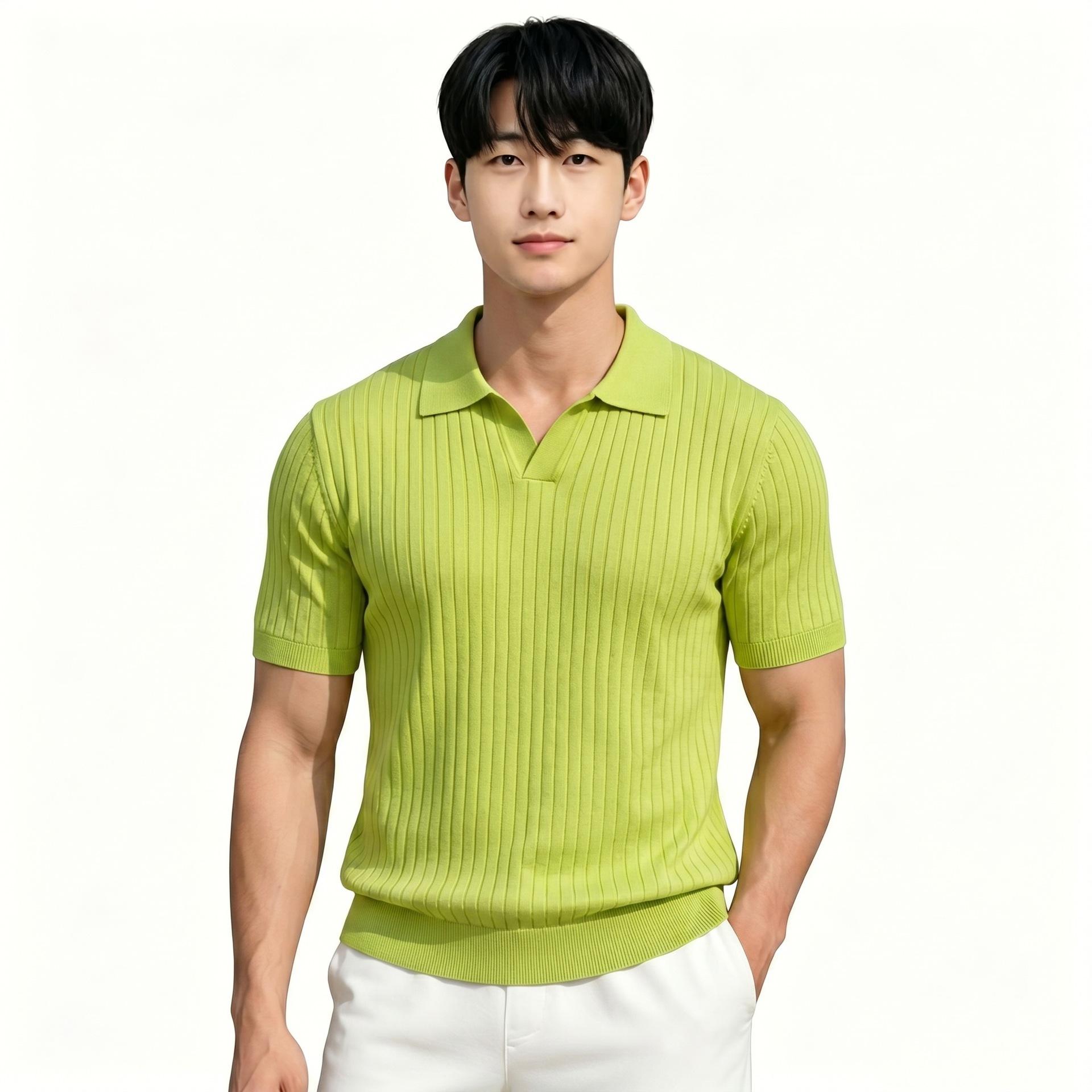 Notch-collar Striped Half-zip Knit T-shirt