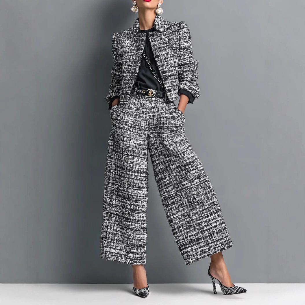 2025 Cross-Border European And American New Style Lapel Slim Women's European And American Style Long-Sleeved Short Jacket With Wide-Leg Pants Suit