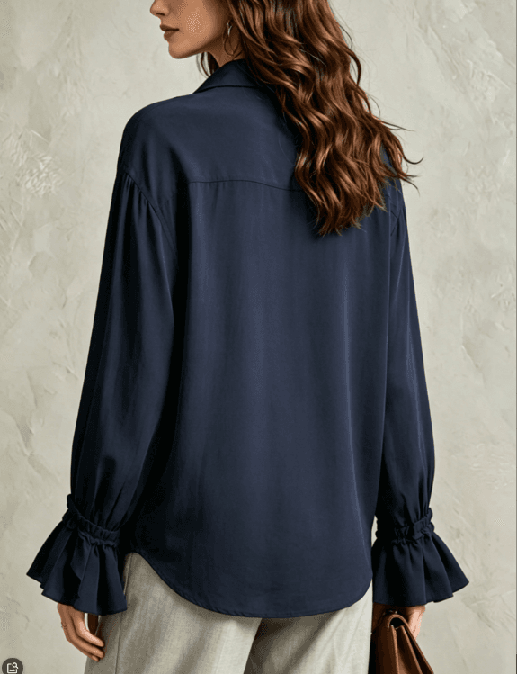Tibetan Blue Hanging Collar With Black Fungus Edge And Flared Sleeves, Loose Commuter Shirt