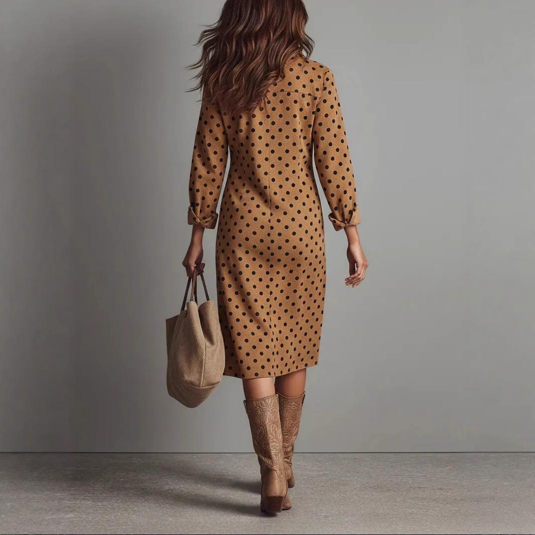 French Elegant Slimming V-neckline Pleat And Waisted Below The Knee Long Sleeve Polka Dot Dress