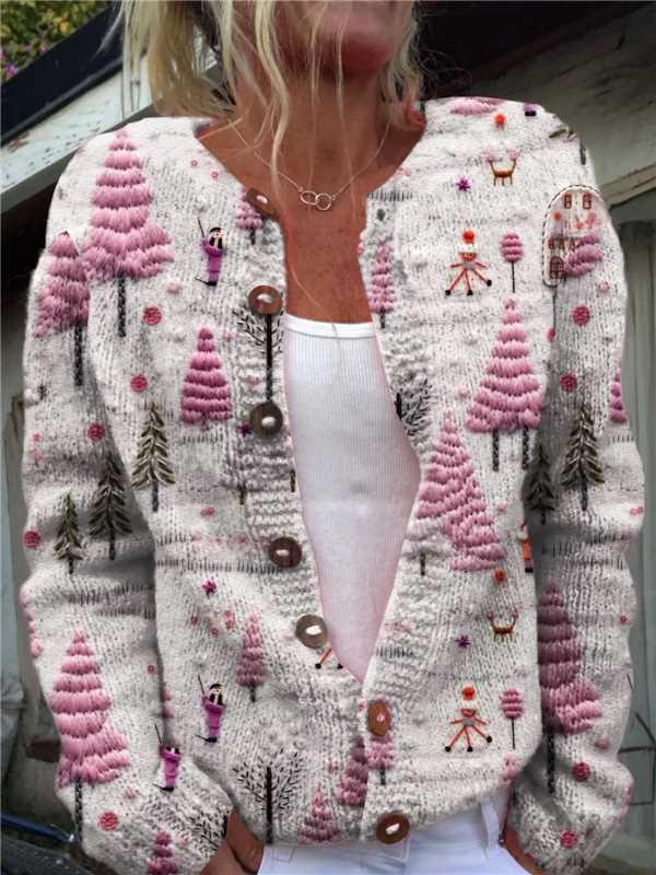 New Women's Autumn And Winter Style Loose 3D Printed Knitted Cardigan Sweater