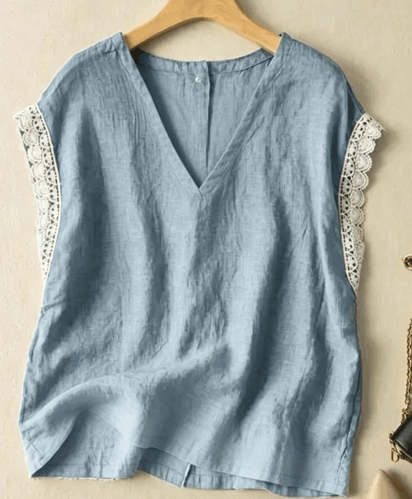 Cotton-Linen V-Neck Top With Lace Trim