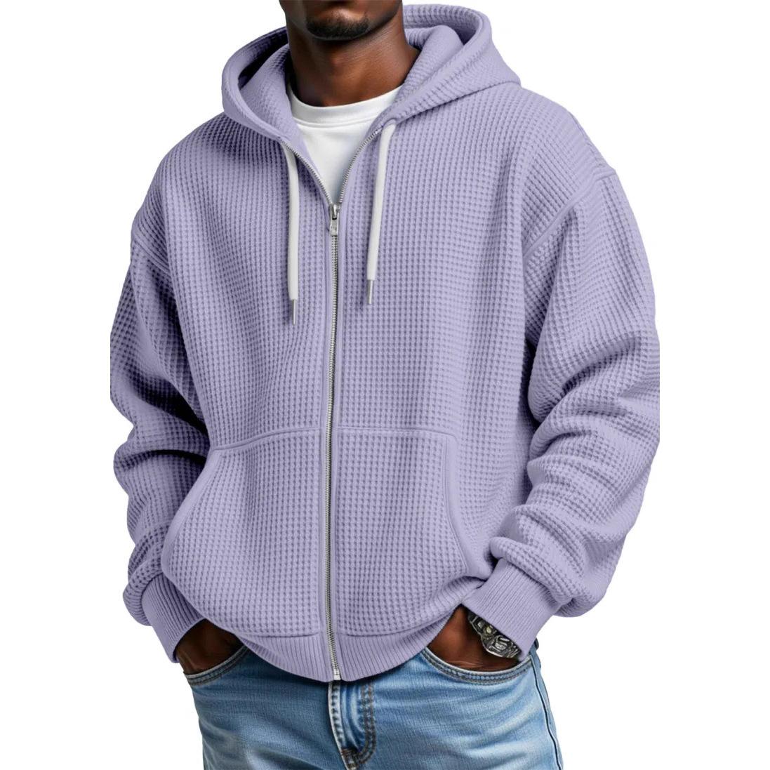 Mens Solid Color Loose-Fit Hooded Zip Up Waffle Weave Drop Shoulder Sweatshirt