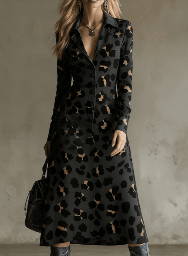 Women's Retro Gothic Style Black Dress With Gold Star Print, Lapel And Waist Fit