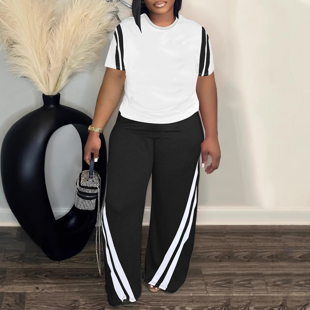 Plus-size Striped Printed Two-piece Set Crew-neck Short-sleeve Top And Pants
