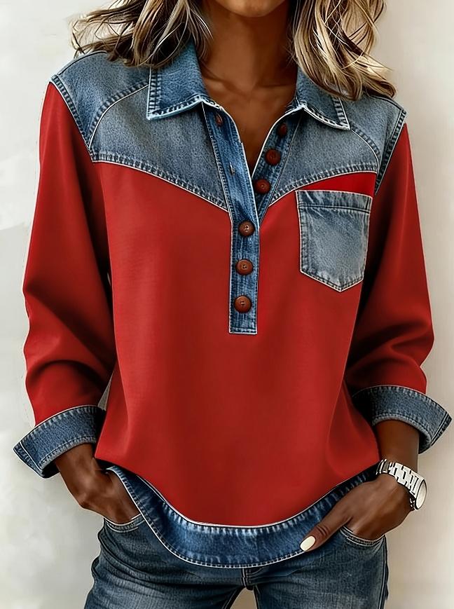 Denim Patchwork Collar Button-down Casual Long-sleeved Top