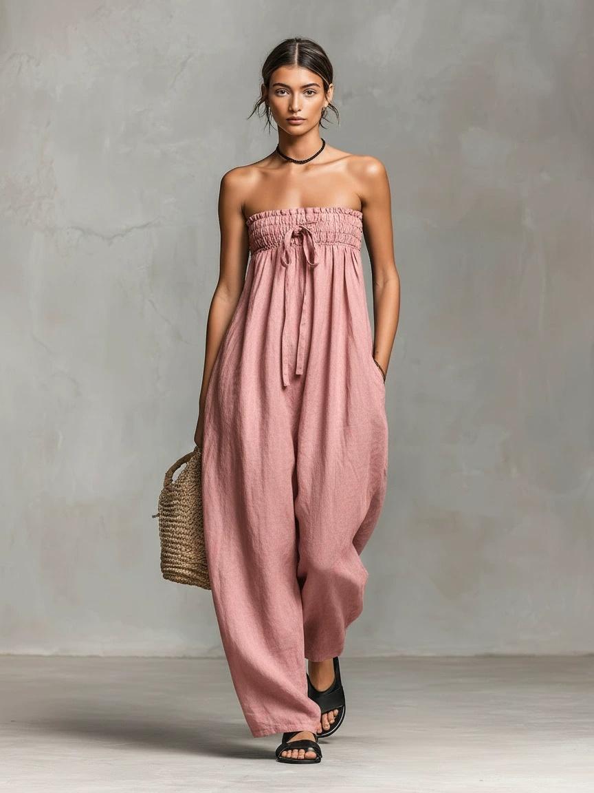 2026 Spring European American Women Strapless Smocked Bodice Jumpsuit, TieDetail Casual Playsuit