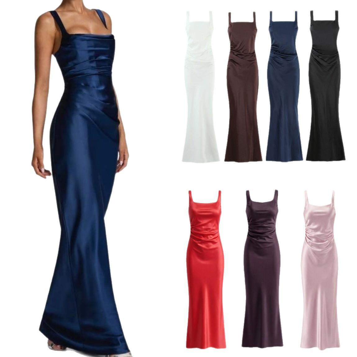 Solid-color Elegant Strap-waistline Long Dress