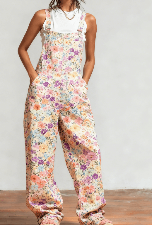 Women's Soft, All-over Floral Print Adjustable Overalls, Loose Fit, Straight Leg, Casual Trousers