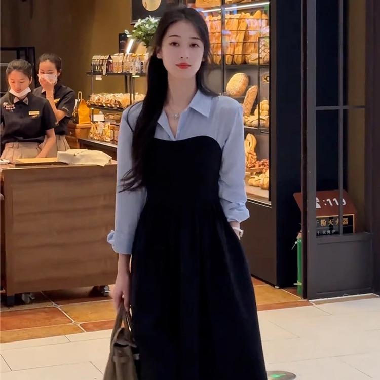 Stitching Lapel Long Sleeve Dress Women's Waist Slimming