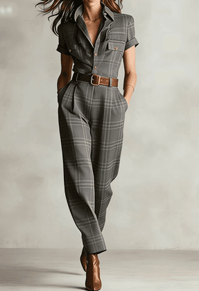 Vintage Plaid Lapel Short-sleeve Waist-cinched Utility Jumpsuit