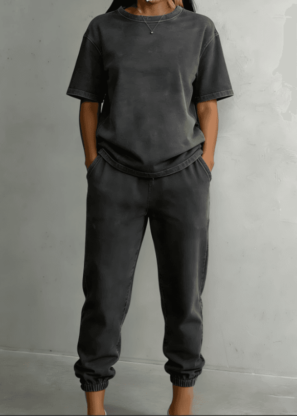 Washed Cotton Short Sleeved Leg Binding Casual Two-piece Set