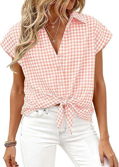 Womens Short-sleeve Plaid Button-up Blouse