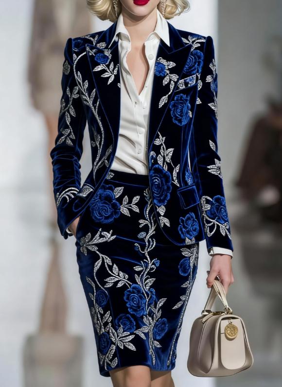 Elegant Velvet Printed Suit And Pencil Skirt Set