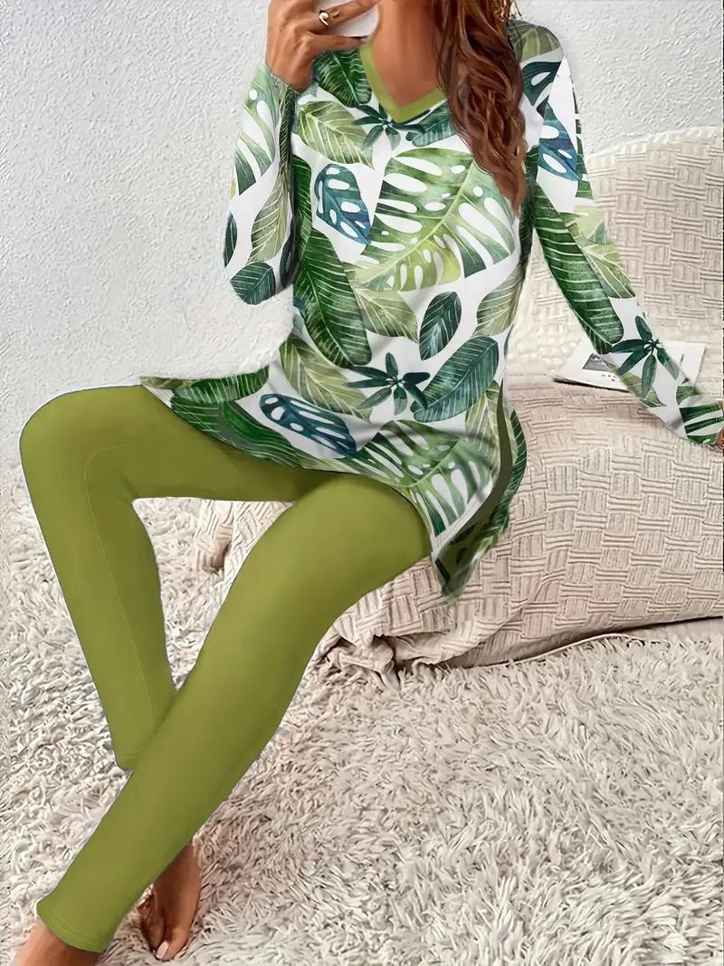 Women Vintage Fashion Floral V-neck Long Sleeve Leggings Printing Suit