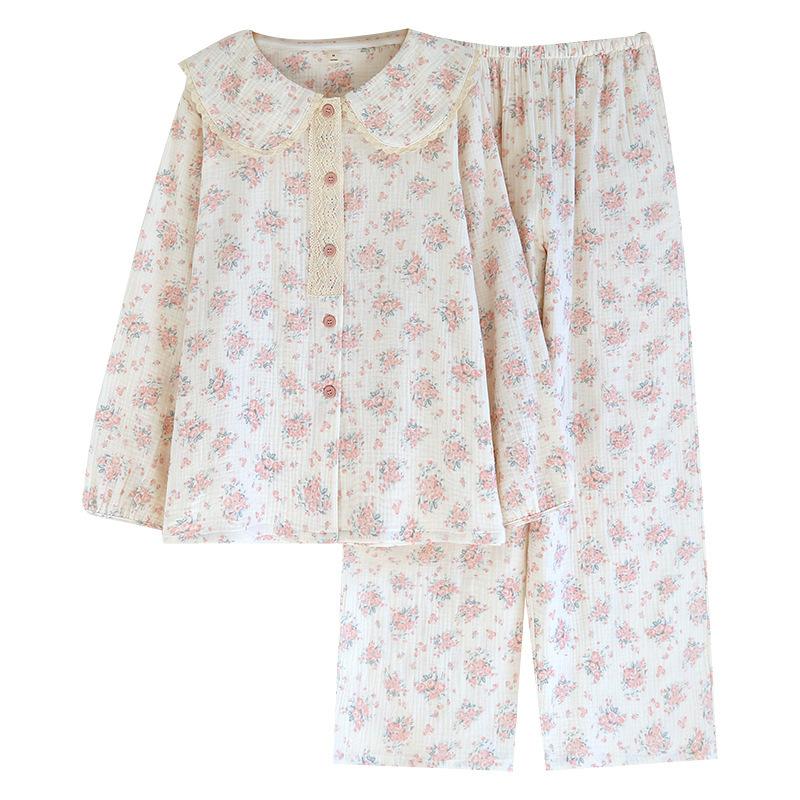 Cotton Floral Sweet Pajamas Women's Casual Long-sleeved Trousers Large Size Suit