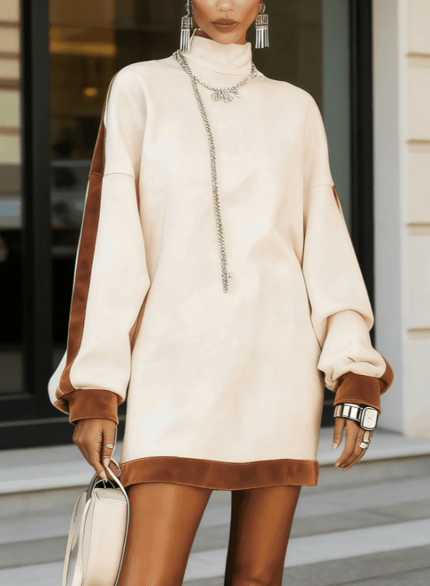 High-neck Contrast Color Velvet Patchwork Sweatshirt Dress