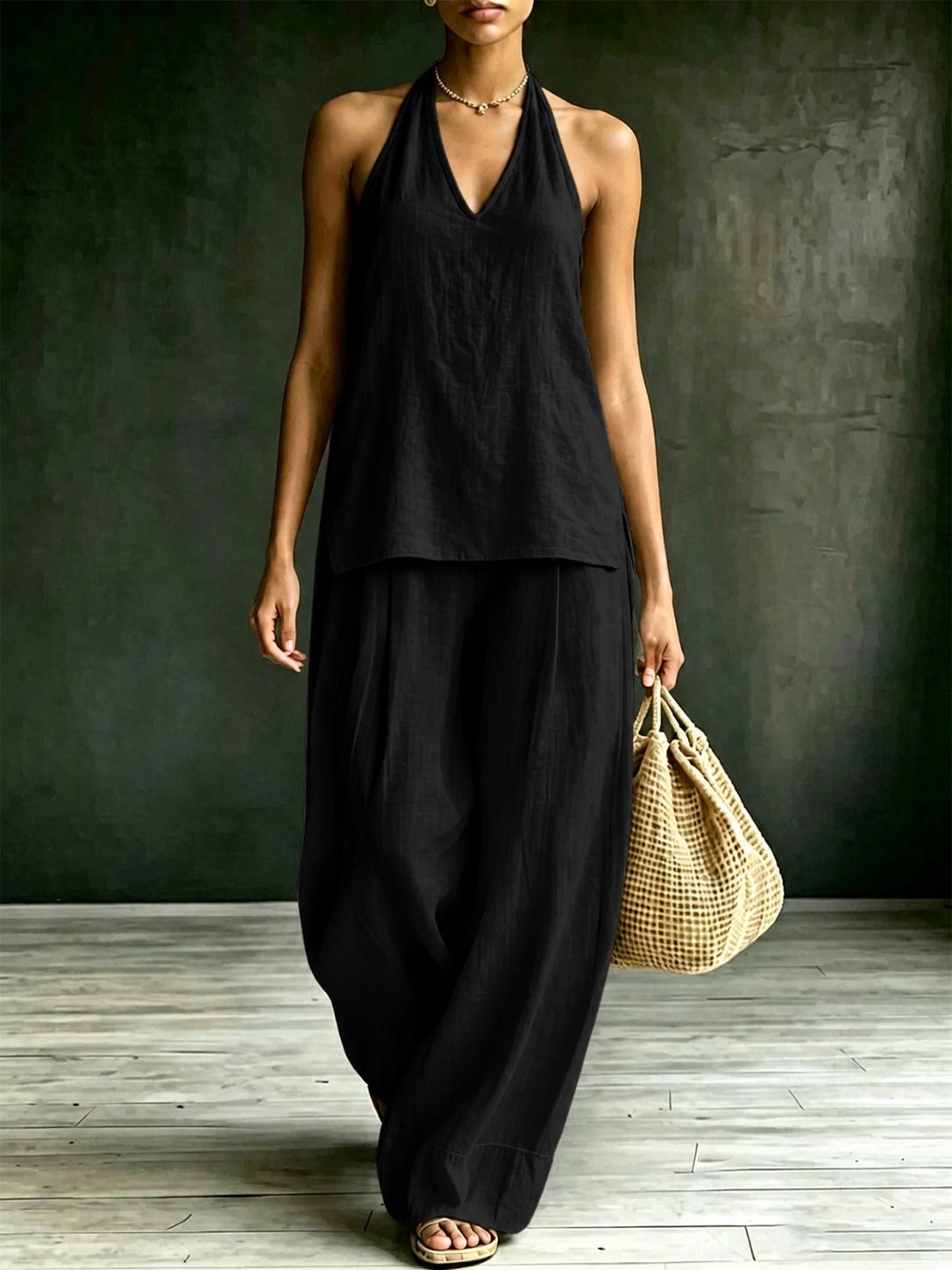 Women's Halter Neck V-Neck Sleeveless Casual Set