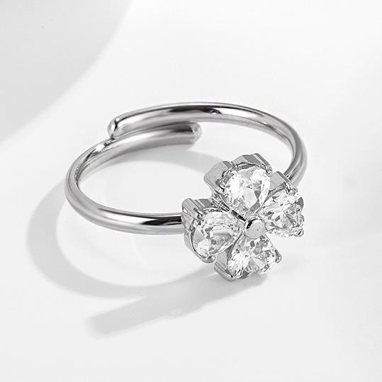 Stainless Steel Flower-shaped Zircon Adjustable Ring For Women