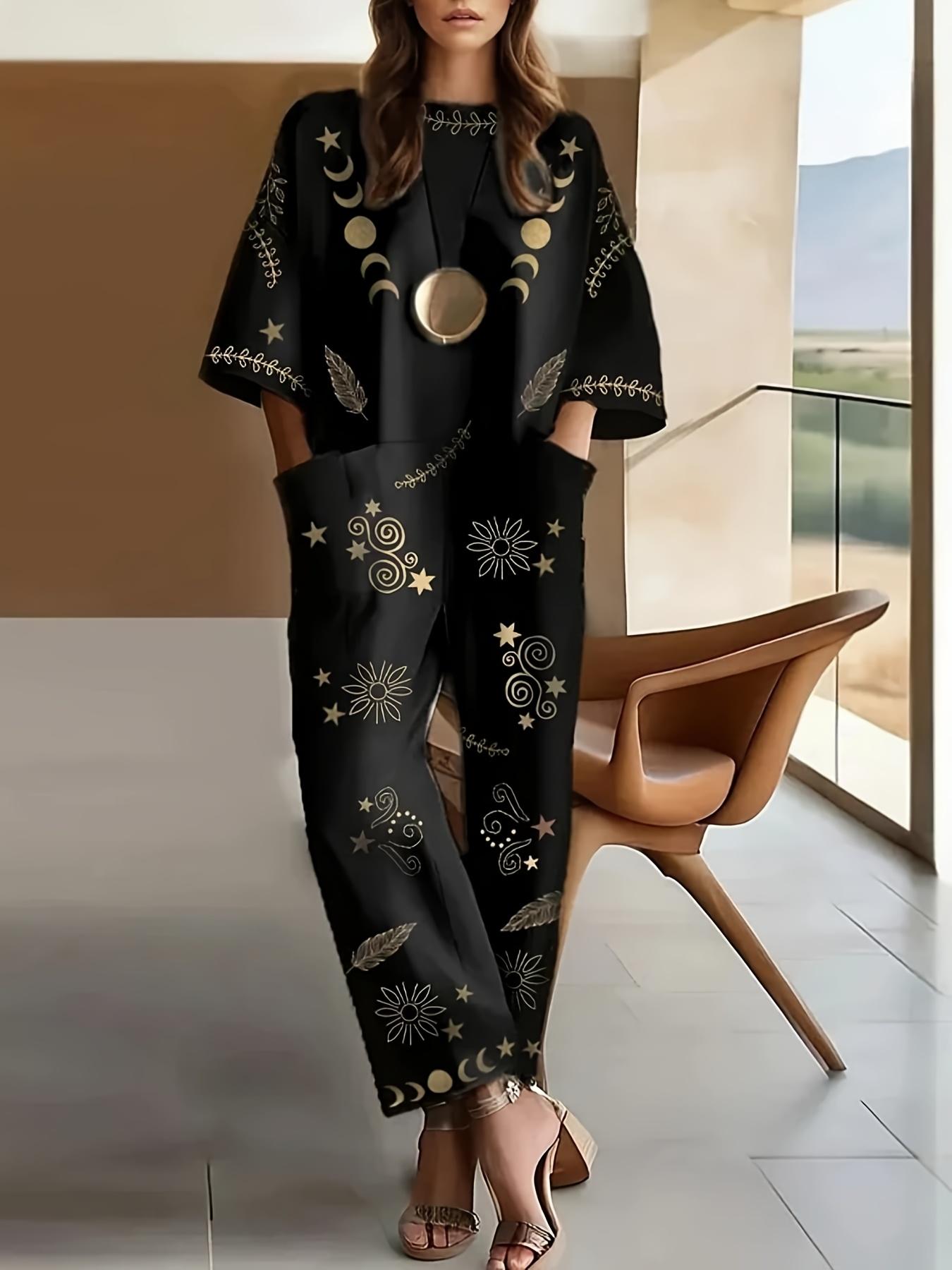 Women's Short-sleeve Long Casual Jumpsuit With A Round Neck And Wide-leg Fit