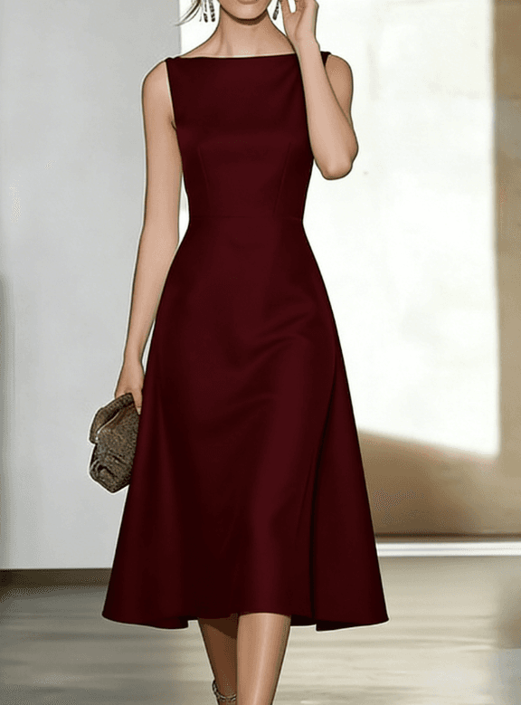 Satin Off-the-shoulder Sleeveless Fitted Waist Asymmetrical Full Skirt Dress