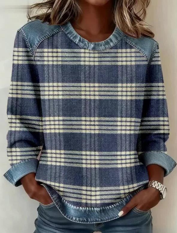 Denim Patchwork Crew Neck Casual Top