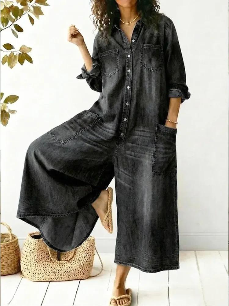 Womens Stylish Sexy Single-breasted Blouse-style Loose Jumpsuit
