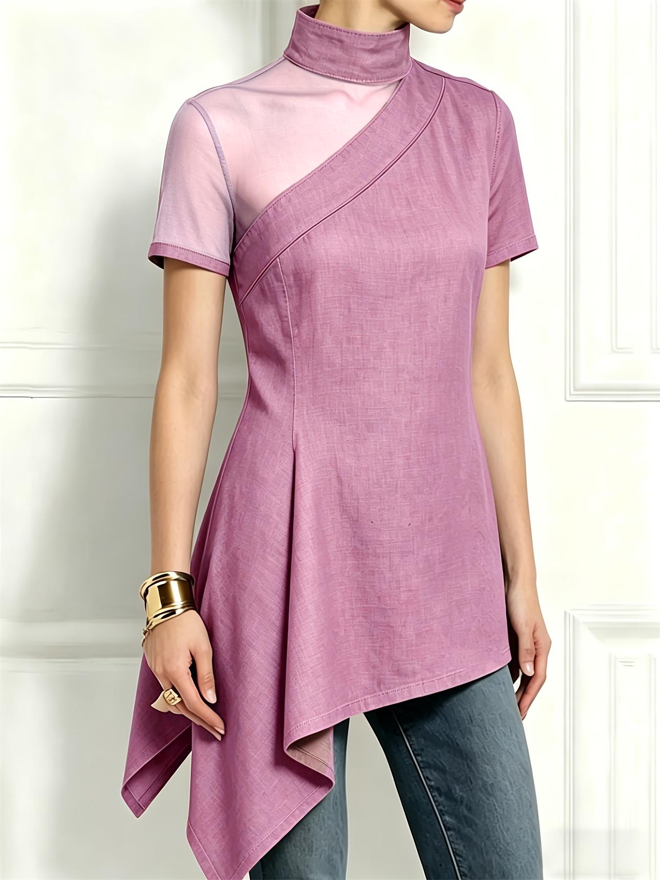 Dusty Mesh Panel Mock Neck Asymmetric Hem Short Sleeve Tunic Top