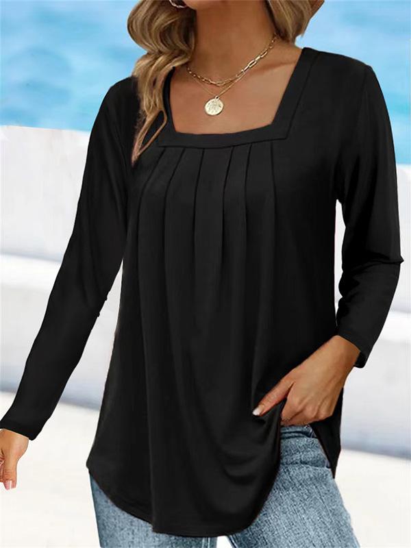Women's Pleated Square Collar Long Sleeve Imitation Cotton Large Size T-shirt
