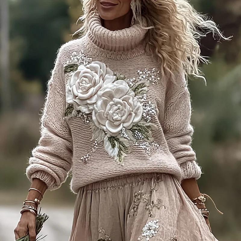 New European And American-style Womens Printed Turtleneck Sweater Hoodie