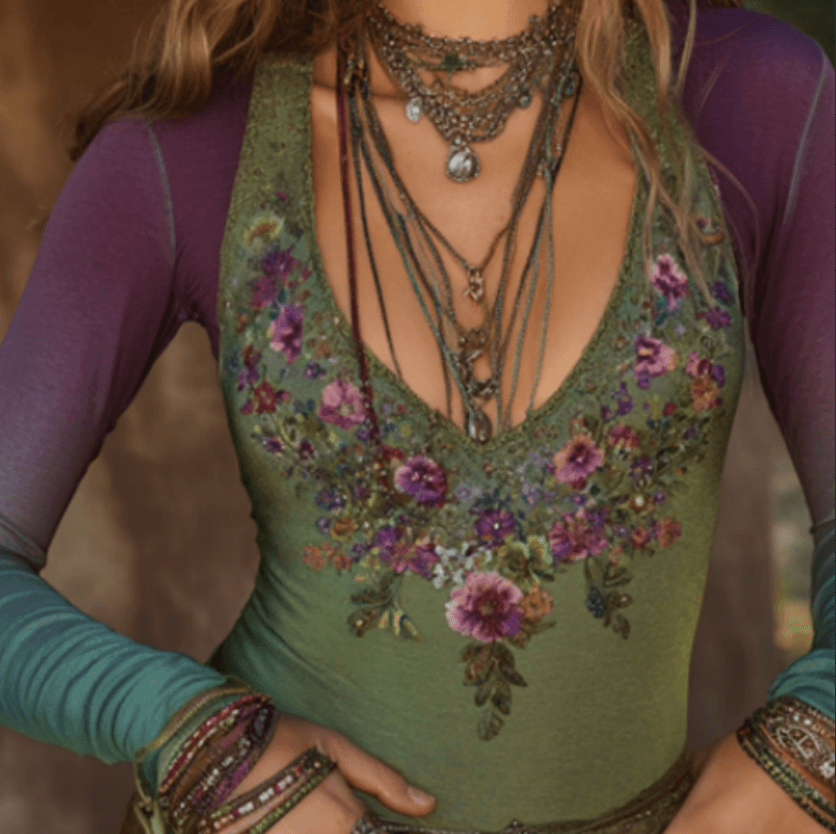 Color-blocked Floral Print Deep V-neck Slim-fit Long-sleeved Top For Women, Bohemian Style Base Layer.