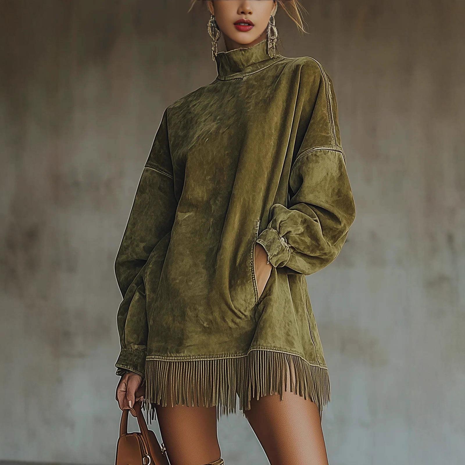 Loose Pockets Tassel Long Sleeve Suede Dress