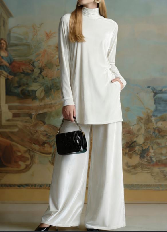 Velvet Casual Turtleneck Long-sleeved Wide-leg Pants Suit