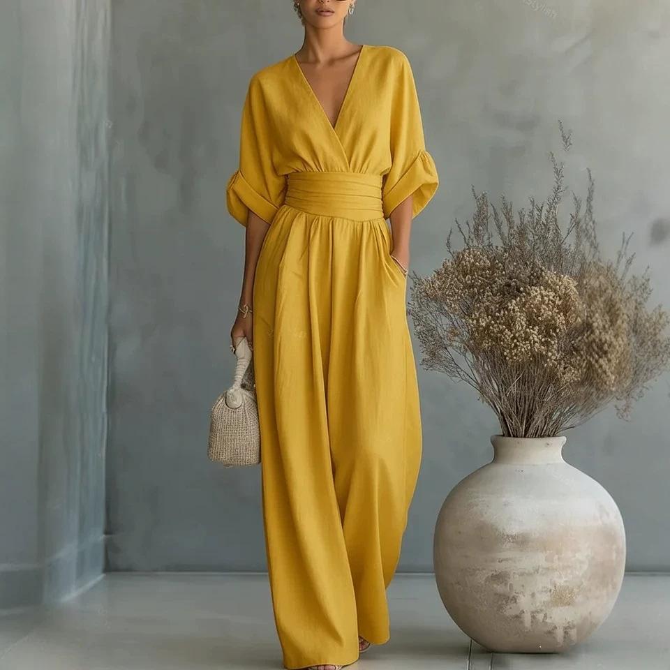 Summer Short-sleeved Jumpsuit Fashion Casual V-Neck Wide-Leg Pants Womens Clothing